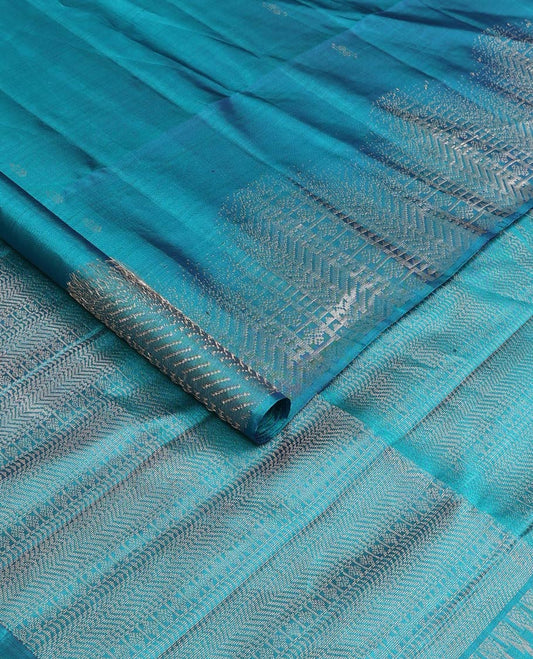 Blue zari buttas soft silk saree, zari border and pallu of ara bogudi, kathir, banaras, and lavangam designs