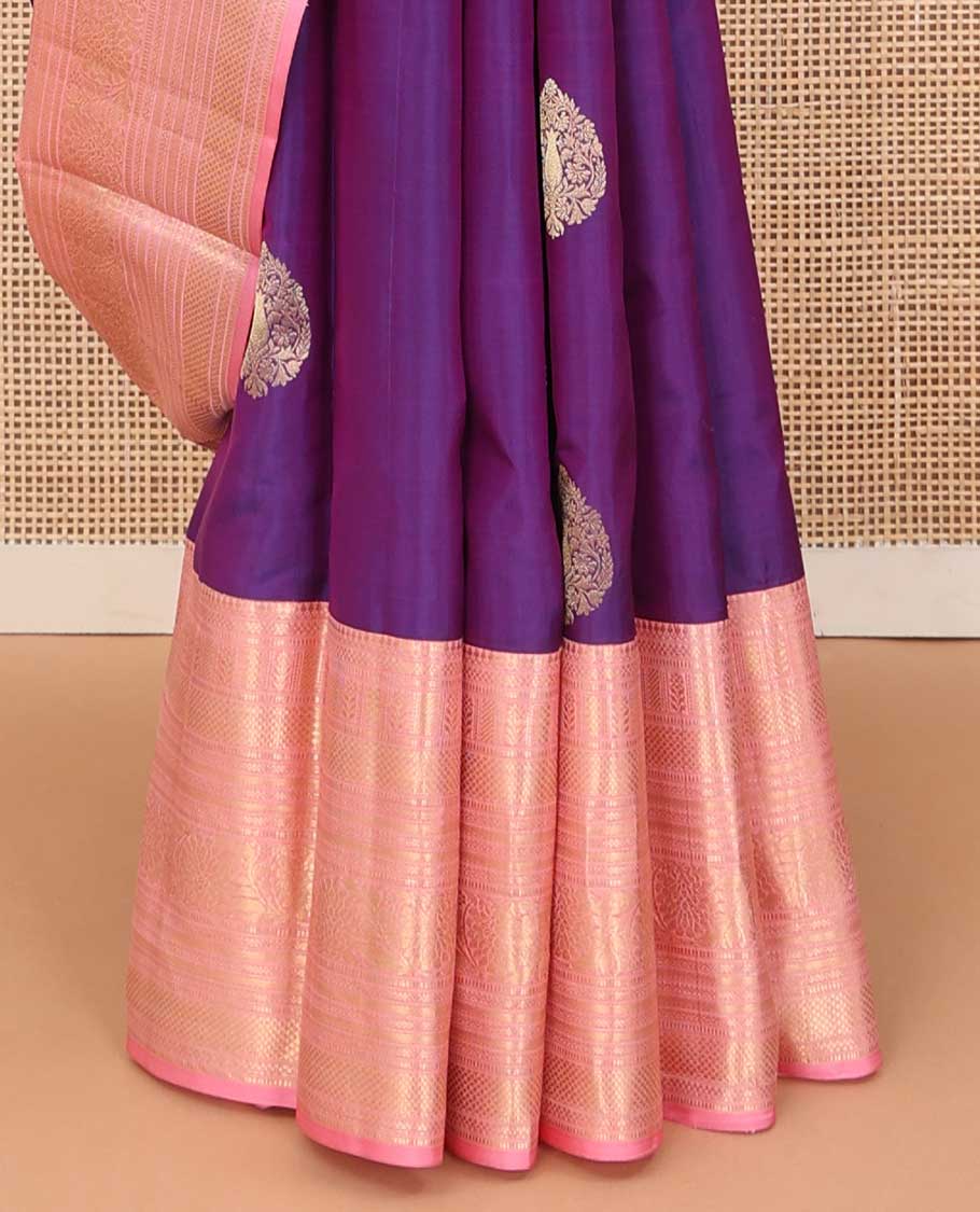 Violet silk saree with zari buttas, contrast border of thilakam mokku,kuyil kann, neli,muthu,banaras, and kodi visiry, and manga jaal pallu