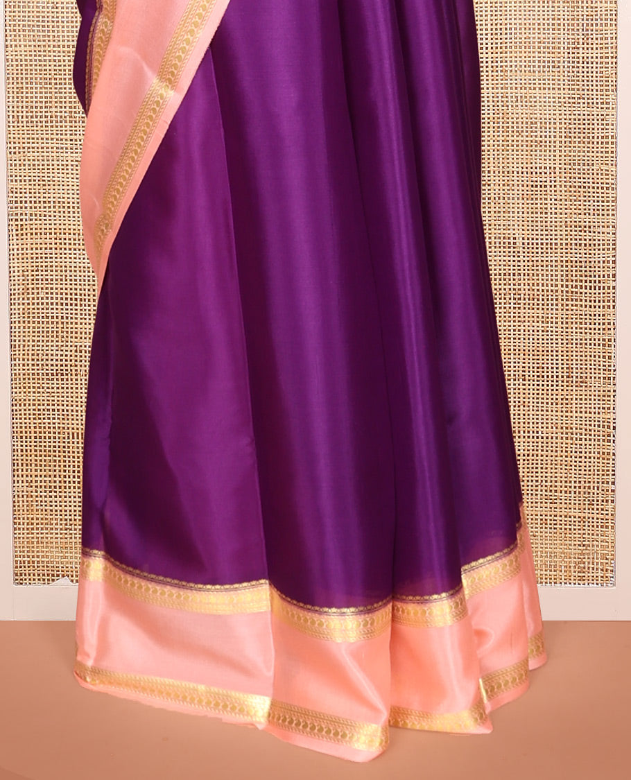 Purple Plain Mysore Silk Saree, Complemented by a Contrast Traditional Zari Border, Zari Striped Pallu, and a Contrast Blouse