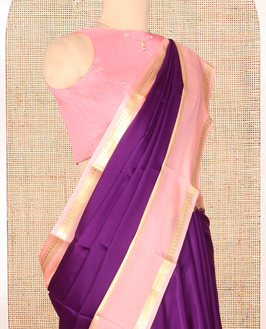Purple Plain Mysore Silk Saree, Complemented by a Contrast Traditional Zari Border, Zari Striped Pallu, and a Contrast Blouse