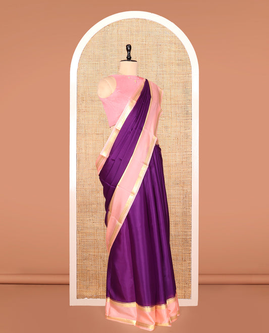 Purple Plain Mysore Silk Saree, Complemented by a Contrast Traditional Zari Border, Zari Striped Pallu, and a Contrast Blouse