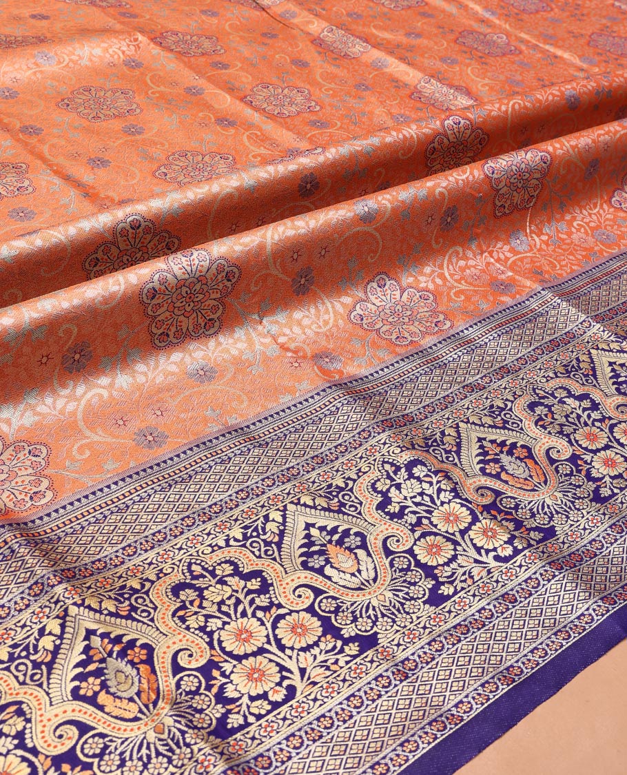 Orange Art Silk Material Half Saree Set, Adorned with Jacquard Design Skirt, a Contrast Meenakari Border, Contrast Blouse, and an Intricately Designed Dhavani