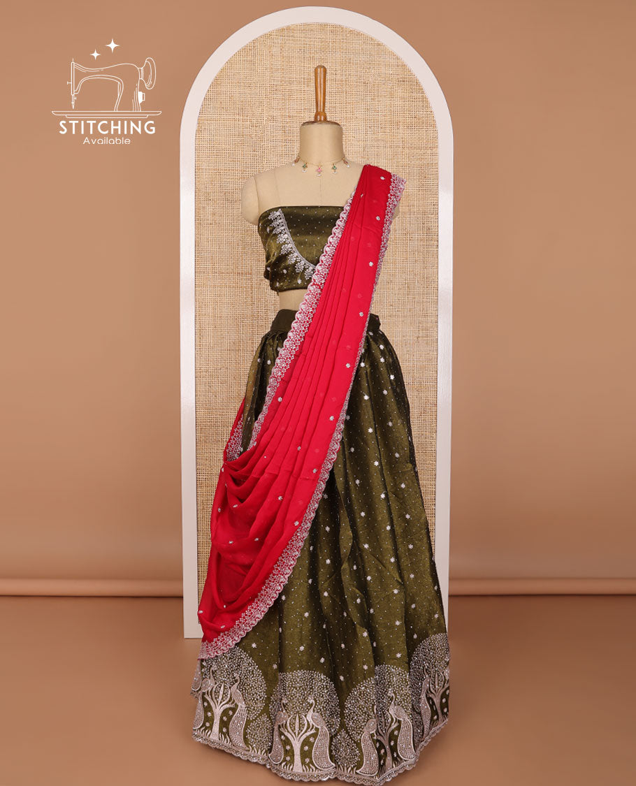 Olive green floral, peacock embroidery organza half saree with embroidered blouse & floral embroidery, scallop border dhavani
