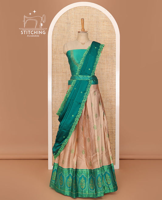 Sandal lehenga set, embossed zari buttas skirt, contrast Mughal motifs stone border, jacquard stonework blous, and scallop embroidery dhavani