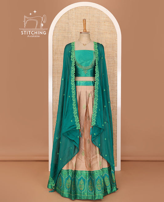 Sandal lehenga set, embossed zari buttas skirt, contrast Mughal motifs stone border, jacquard stonework blous, and scallop embroidery dhavani