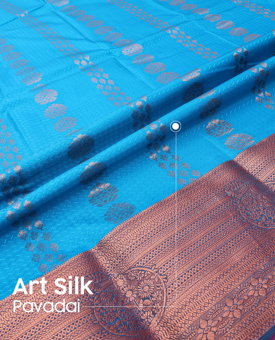 Blue art silk pavadai material, embossed with zari design pavadai, contrast traditional zari design border & blouse of embossed & zari designs
