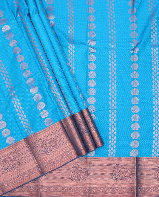 Blue art silk pavadai material, embossed with zari design pavadai, contrast traditional zari design border & blouse of embossed & zari designs