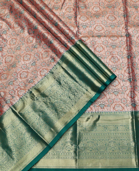 Peach Art Silk Half-Saree, Adorned with Jacquard Design, Contrast Traditional Zari Border, Paired with a Contrast Jacquard Blouse, and an Intricate Dhavani
