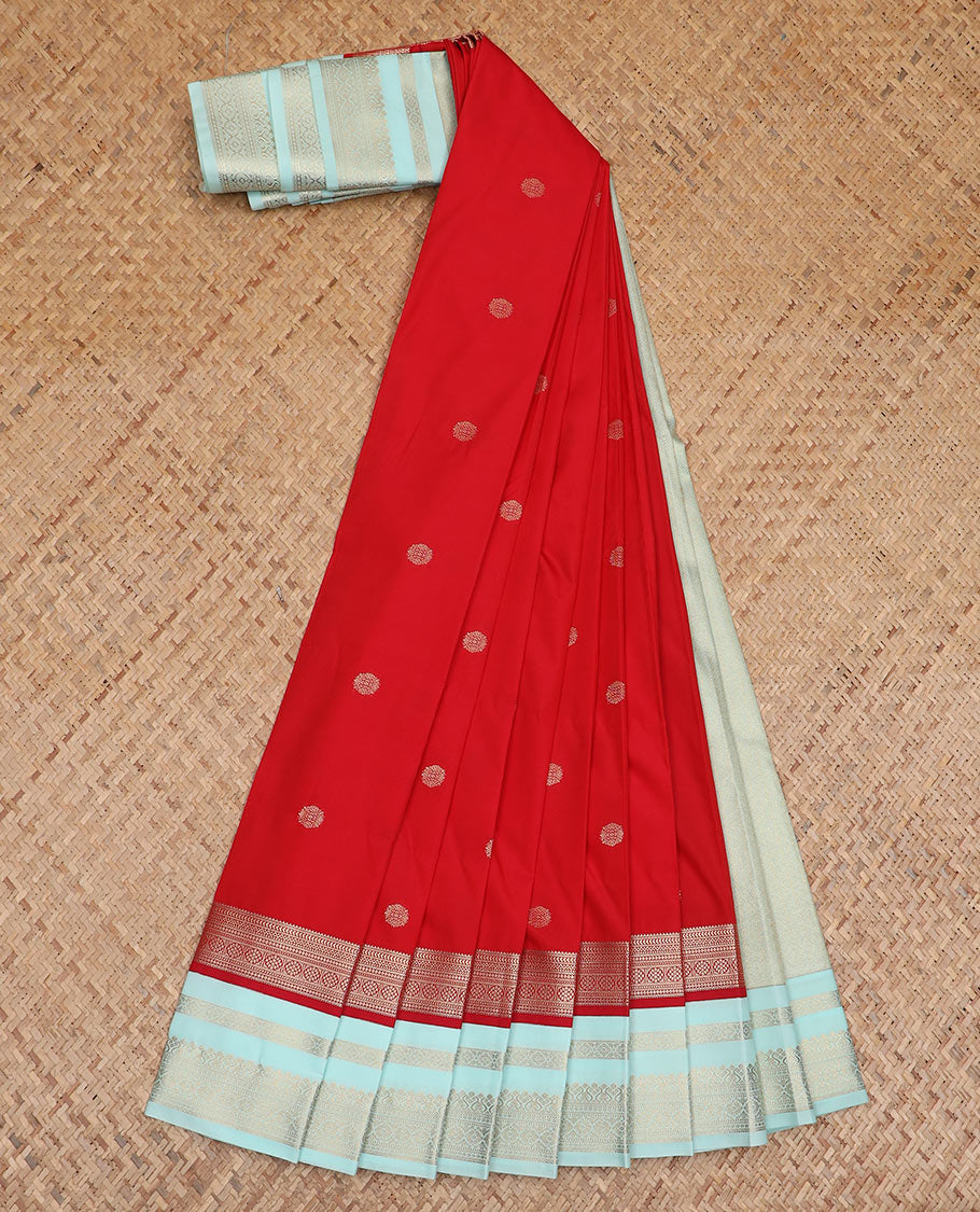 Red zari buttas budget silk saree, contrast traditional zari border, and zari pallu