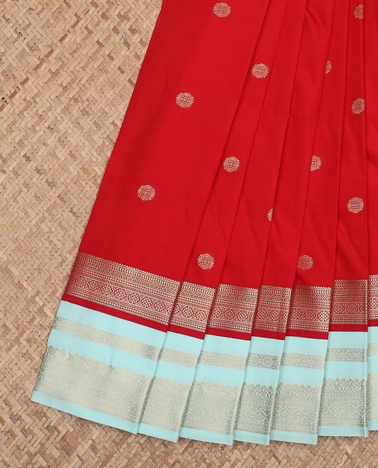 Red zari buttas budget silk saree, contrast traditional zari border, and zari pallu