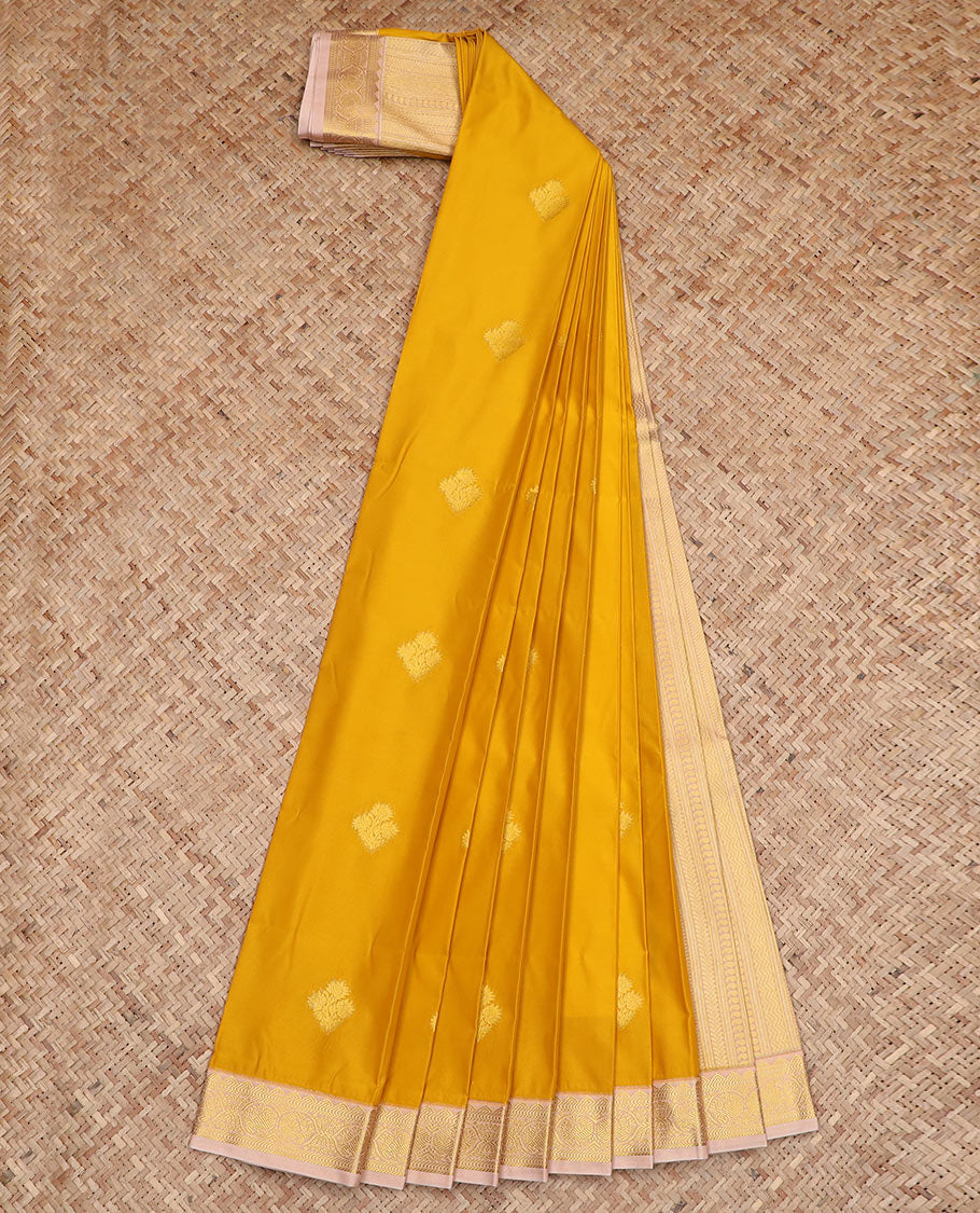 Yellow zari buttas budget silk saree, contrast border, and pallu of traditional zari designs