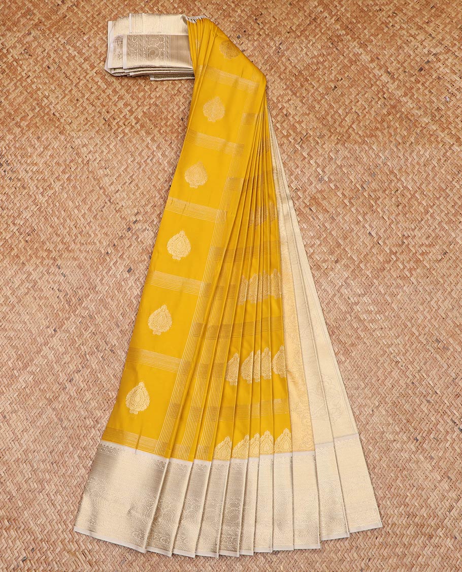 Yellow zari butta enclosed checked gift saree, contrast traditional zari border, and intricate pallu