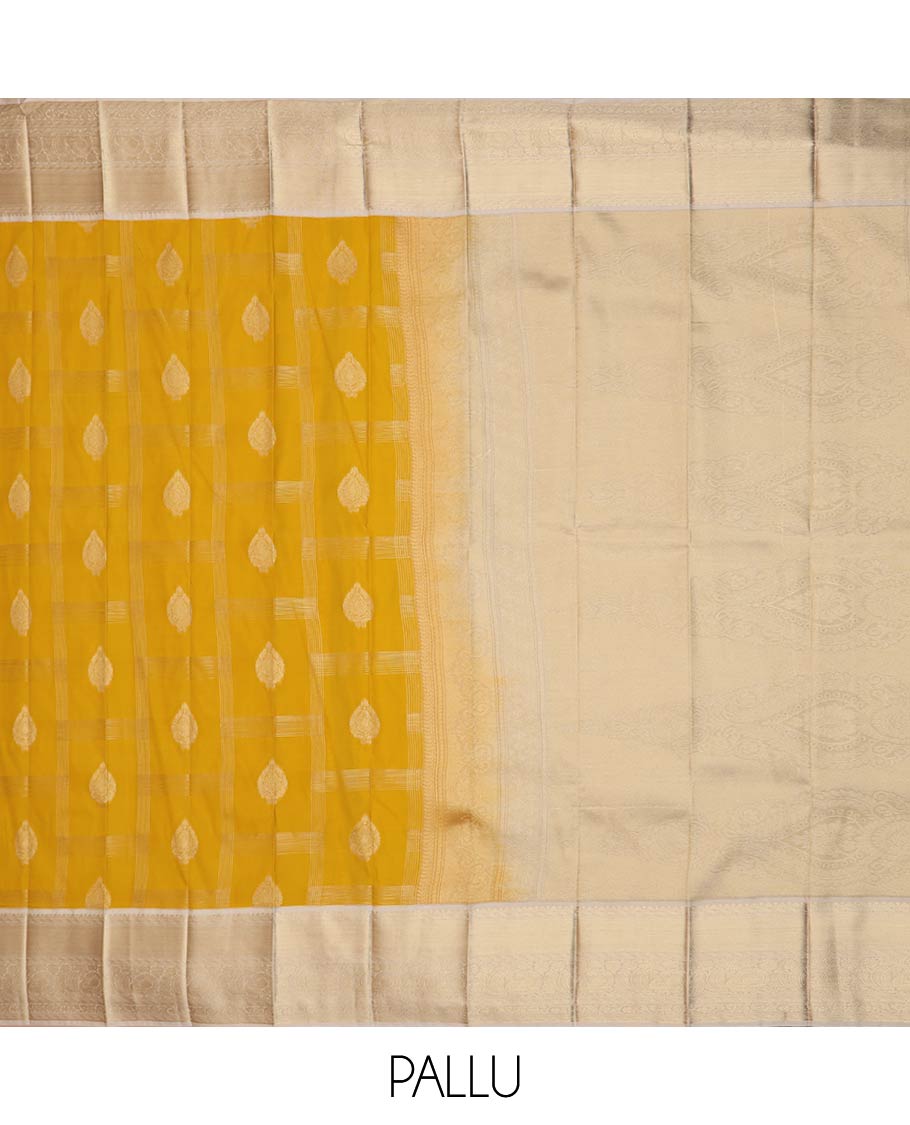 Yellow zari butta enclosed checked gift saree, contrast traditional zari border, and intricate pallu