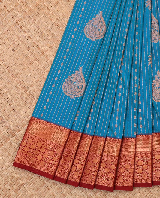 Blue zari design budget silk saree, contrast traditional design border, and zari-rich jaal pallu