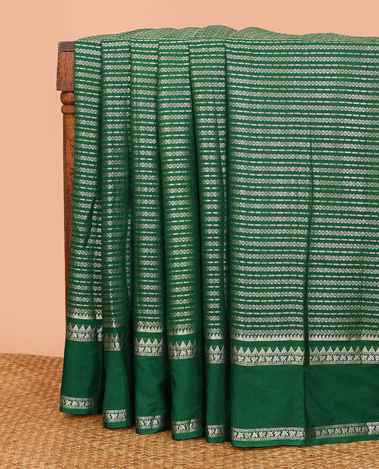 Green zig-zag stripes with polka dots zari woven assam silk saree, traditional motifs woven double border, and zari design pallu