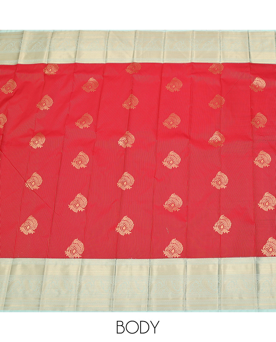 Red zari design budget silk saree, contrast traditional zari border, and pallu of intricate designs