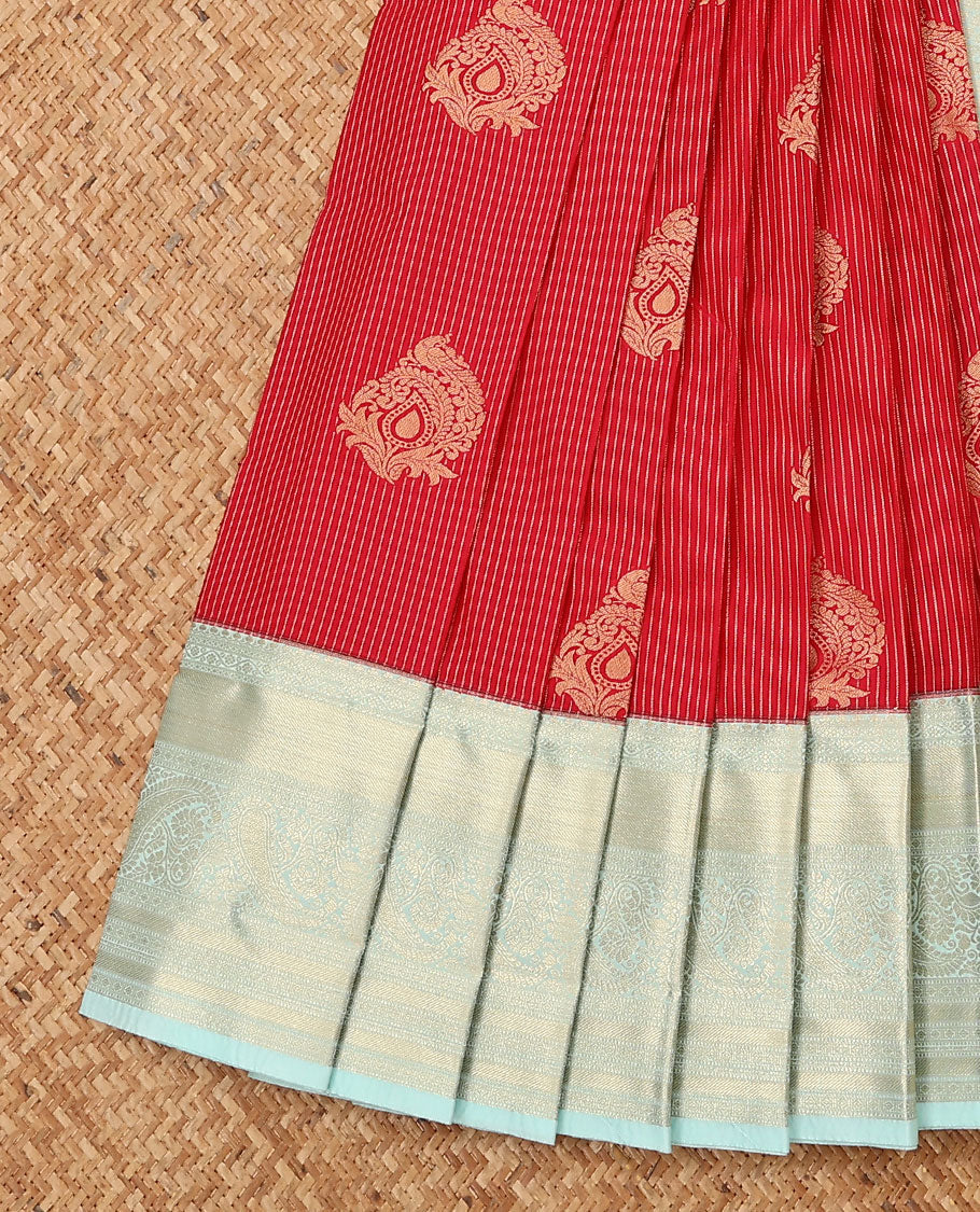 Red zari design budget silk saree, contrast traditional zari border, and pallu of intricate designs