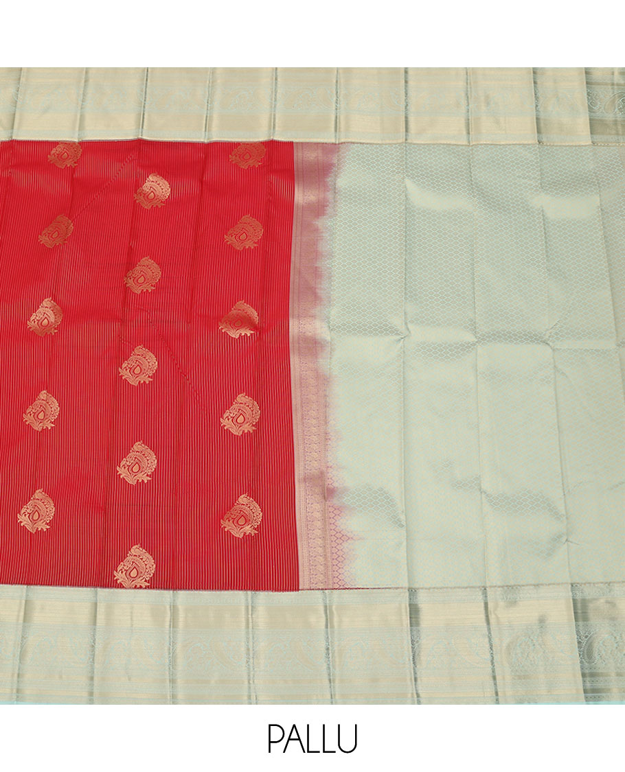 Red zari design budget silk saree, contrast traditional zari border, and pallu of intricate designs