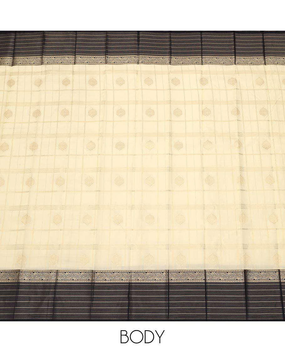 Cream butta enclosed checked gift saree, contrast traditional zari design border, and jaal pallu