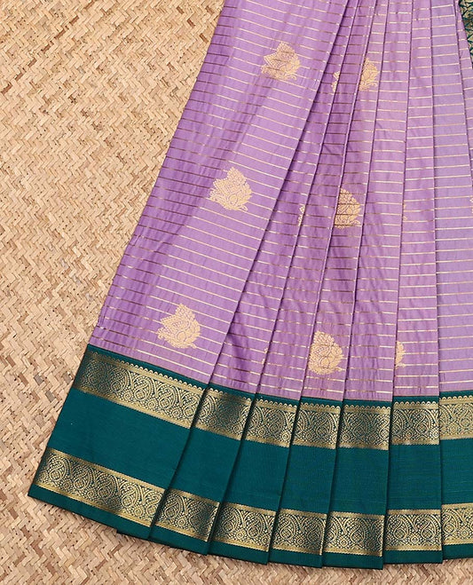 Lavender zari striped and buttas gift saree, contrast rettai pettu border of rekku, banaras, and manga designs, and jaal pallu