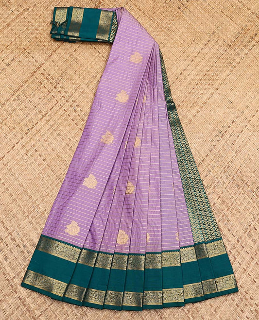 Lavender zari striped and buttas gift saree, contrast rettai pettu border of rekku, banaras, and manga designs, and jaal pallu