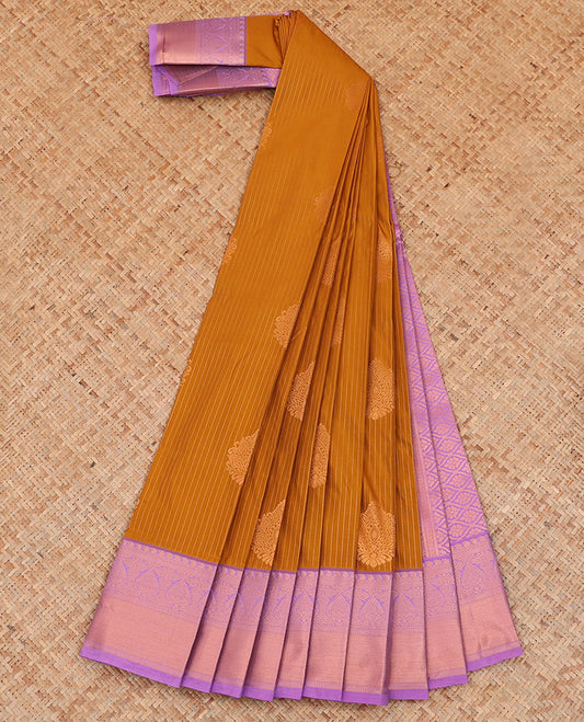Honey Color Budget Silk Saree Adorned with Dotted Stripes and Buttas All Over Its Body, Complemented by Contrast Traditional Zari Design Border, Zari Elevated Pallu of Jaal Designs, and Paired with a Contrast Blouse