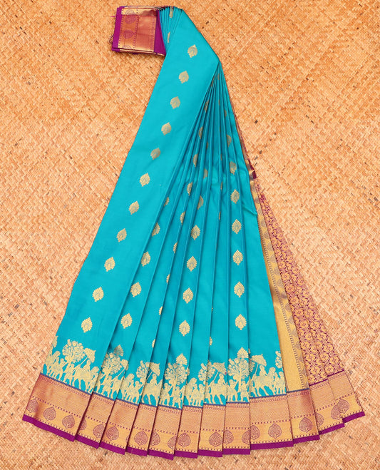 Blue buttas and human motifs budget silk saree, contrast traditional zari design border, and intricate pallu