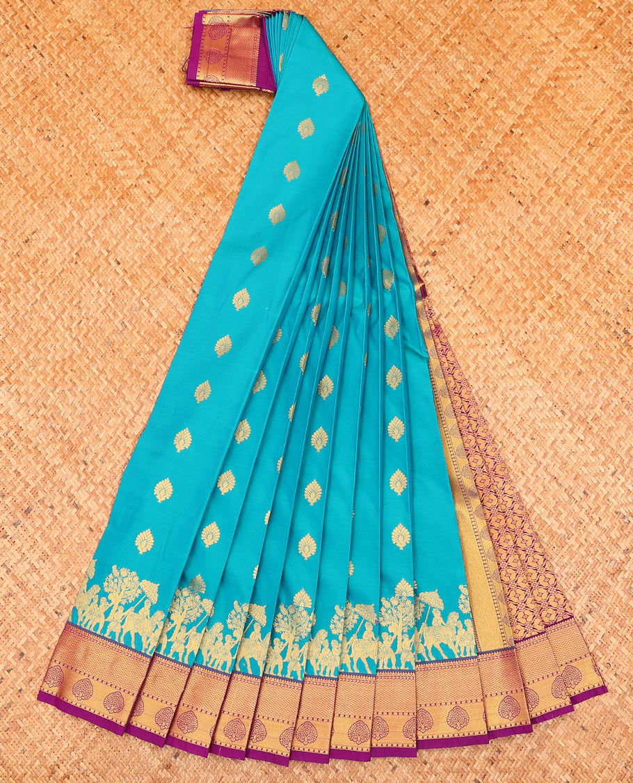 Blue buttas and human motifs budget silk saree, contrast traditional zari design border, and intricate pallu