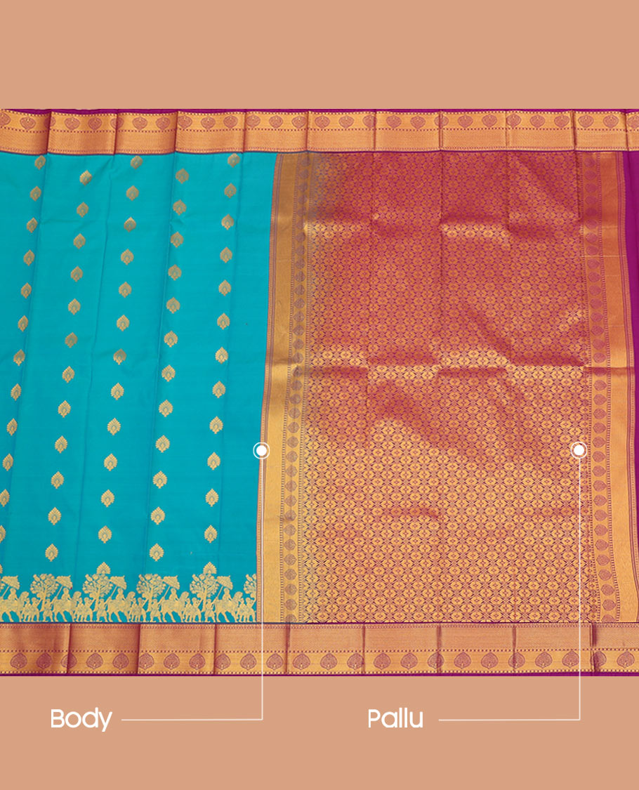 Blue buttas and human motifs budget silk saree, contrast traditional zari design border, and intricate pallu