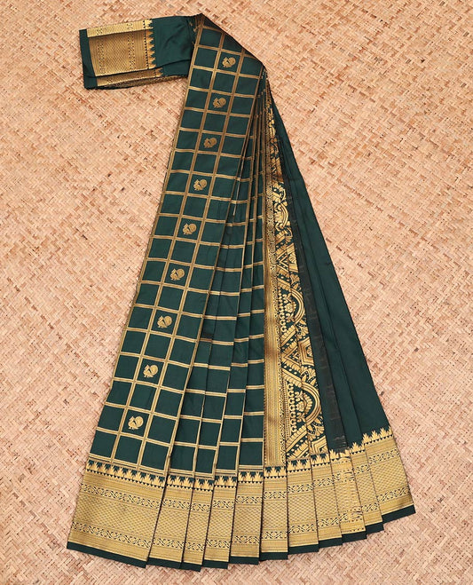 Dark Green Budget Silk Saree, Beautifully Detailed with Peacock-Chakram Butta Enclosed Checks All Over Its Body, Highlighted by a Temple Zari Border of Traditional Designs, Pallu Depicts Mughal-Style Designs, and Paired with a Matching Blouse
