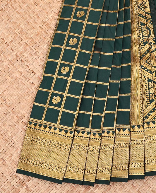 Dark Green Budget Silk Saree, Beautifully Detailed with Peacock-Chakram Butta Enclosed Checks All Over Its Body, Highlighted by a Temple Zari Border of Traditional Designs, Pallu Depicts Mughal-Style Designs, and Paired with a Matching Blouse