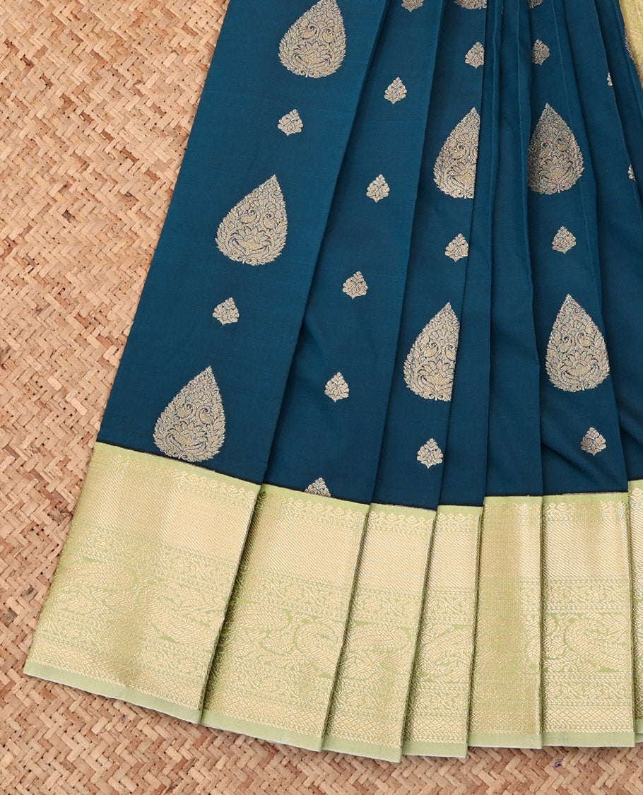 Blue Budget Silk Saree, Elevated with Zari Buttas All Over Its Body, Complemented by a Contrast Traditional Zari Border of Paisley Designs, Sparsely Sparkled Pallu, and Paired with a Contrast Blouse
