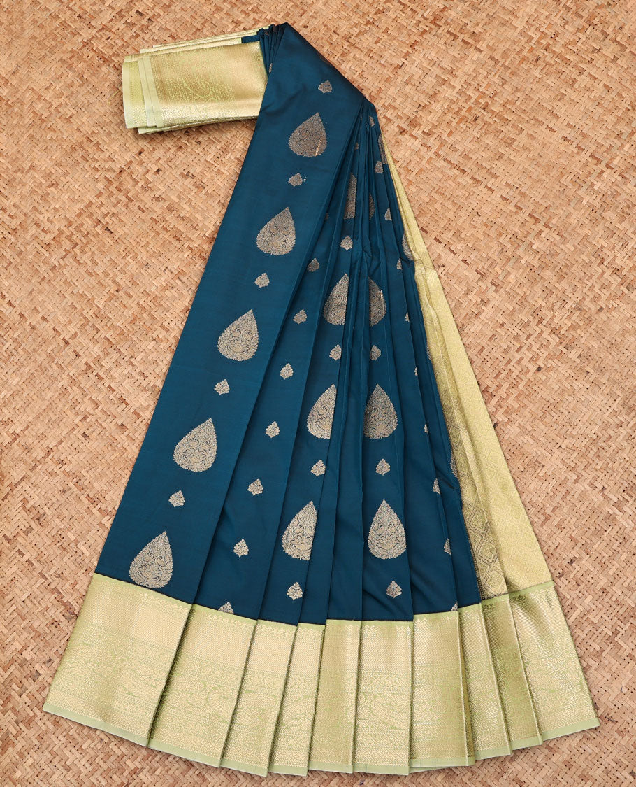 Blue Budget Silk Saree, Elevated with Zari Buttas All Over Its Body, Complemented by a Contrast Traditional Zari Border of Paisley Designs, Sparsely Sparkled Pallu, and Paired with a Contrast Blouse