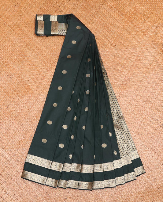 Green Budget Silk Saree, Enriched with Zari Buttas All Over Its Body, Highlighted by Traditional Zari Rettai Pettu Border, Grand Pallu, and a Matching Blouse