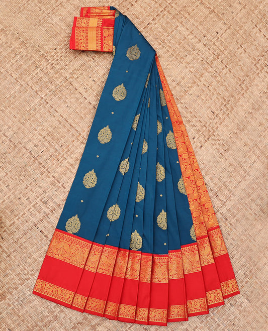 Blue Budget Silk Saree, Elevated with Zari Buttas All Over Its Body, Complemented by a Contrast Rettai Pettu Border of Traditional Motifs in Zari, Gracefully Embellished Pallu, and Paired with a Contrast Blouse