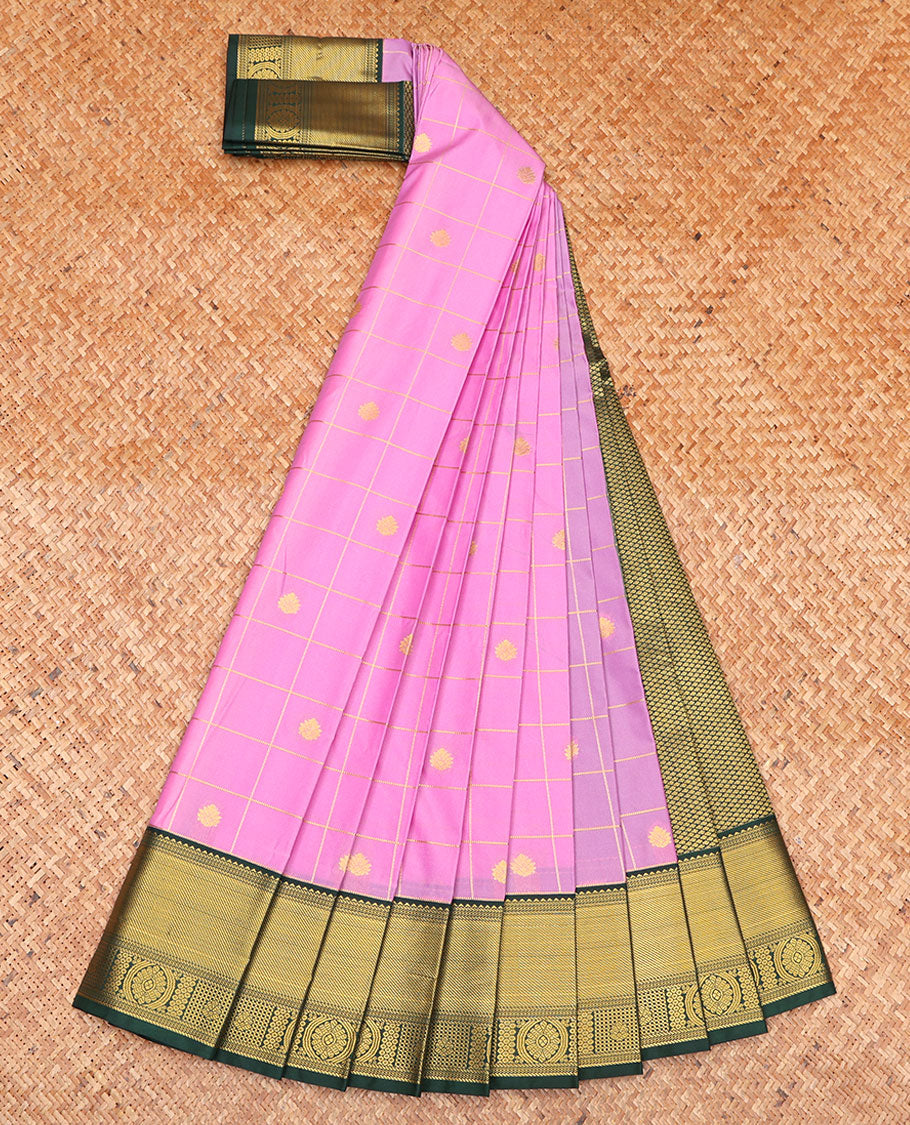 Pink Budget Silk Saree, Masterfully Woven with Zari Butta Enclosed Checks on Its Body, Complemented by a Contrast Traditional Zari Design Border, Jaal Pallu, and Paired with a Contrast Blouse