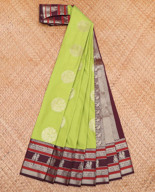 Green Budget Silk Saree, Adorned with Round Zari Buttas All Over Its Body, Complemented by Captivating Contrast Border of Traditional Zari Designs, Grand Jaal Pallu, and Paired with a Contrast Blouse