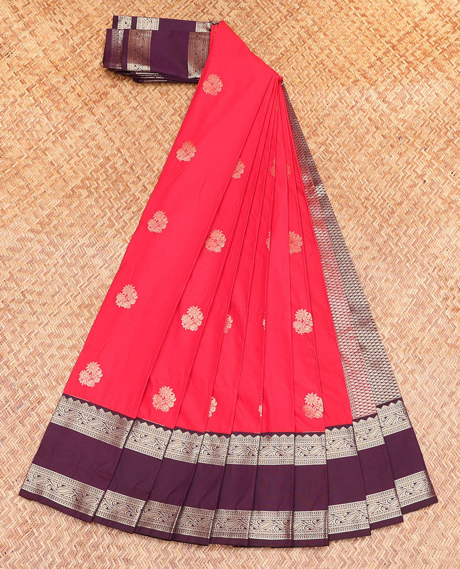 Red Budget Silk Saree, Adorned with Zari Buttas, Complemented by Contrast Traditional Design Rettai Pettu Border, Grand Pallu, and a Contrast Blouse