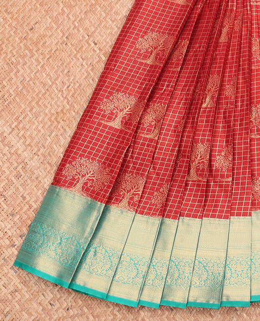 Red Budget Silk Saree, Gracefully Embellished with Tree Buttas and Checks, Complemented by Contrast Traditional Zari Border, Intricate Pallu, and a Contrast Blouse