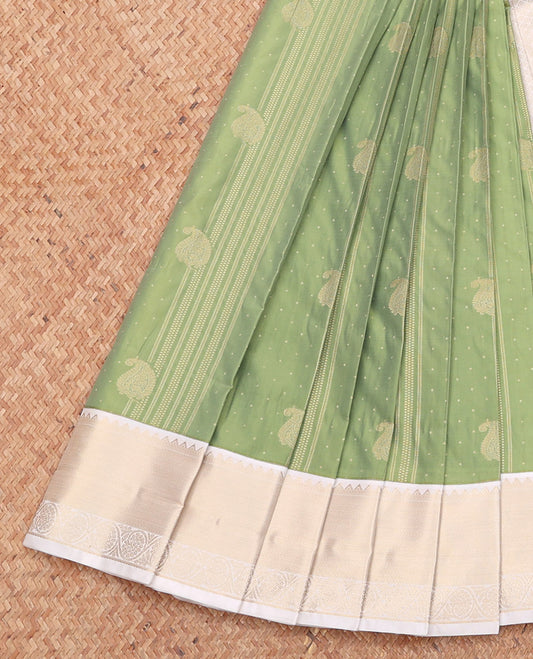 Green Budget Silk Saree, Sparsely Threaded with Buttas, Complemented by a Contrast Traditional Zari Border, Sparsely Woven Pallu, and a Contrast Blouse