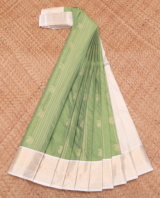 Green Budget Silk Saree, Sparsely Threaded with Buttas, Complemented by a Contrast Traditional Zari Border, Sparsely Woven Pallu, and a Contrast Blouse