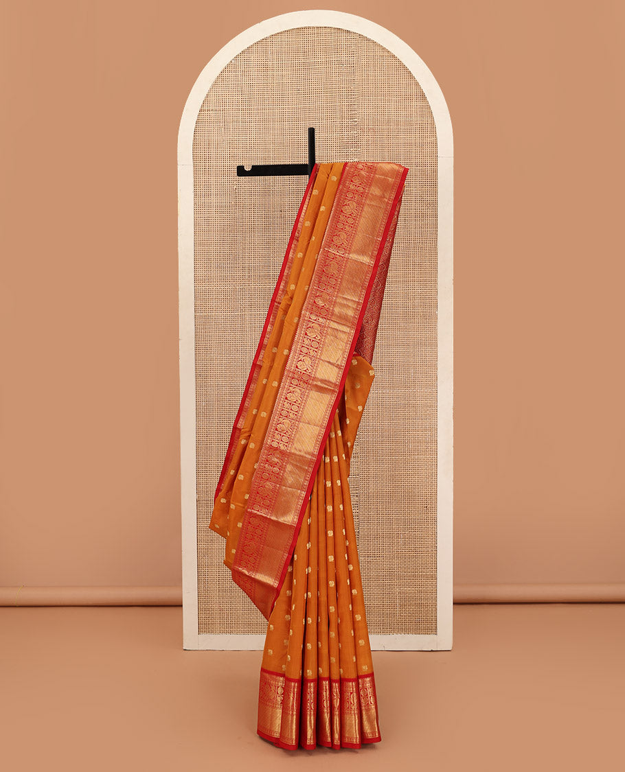 Orange peacock zari buttas Bangalore silk saree, contrast traditional zari border, and pallu of ogee patterns