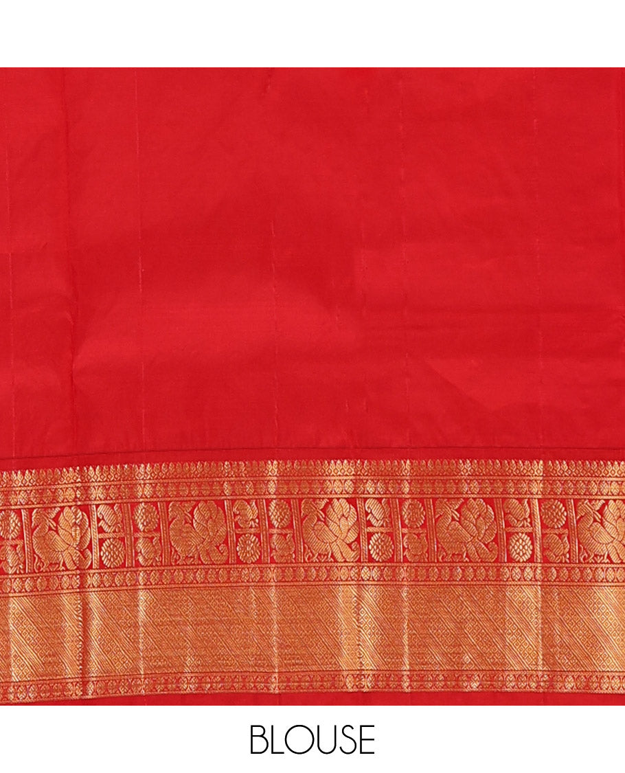 Orange peacock zari buttas Bangalore silk saree, contrast traditional zari border, and pallu of ogee patterns