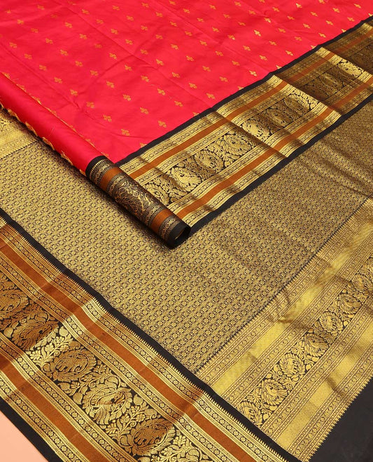 Red buttas Bangalore silk saree, contrast traditional zari border of peacocks, and pallu steeped with floral designs