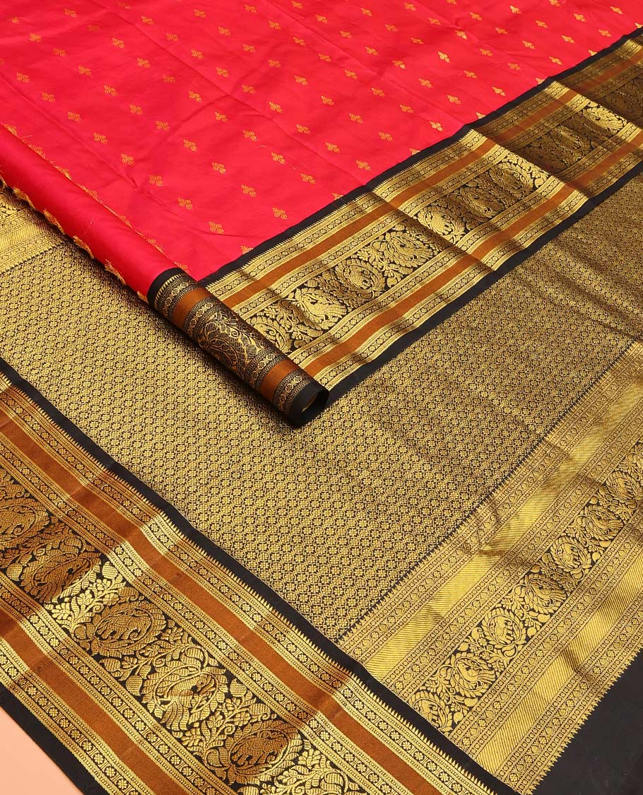 Red buttas Bangalore silk saree, contrast traditional zari border of peacocks, and pallu steeped with floral designs