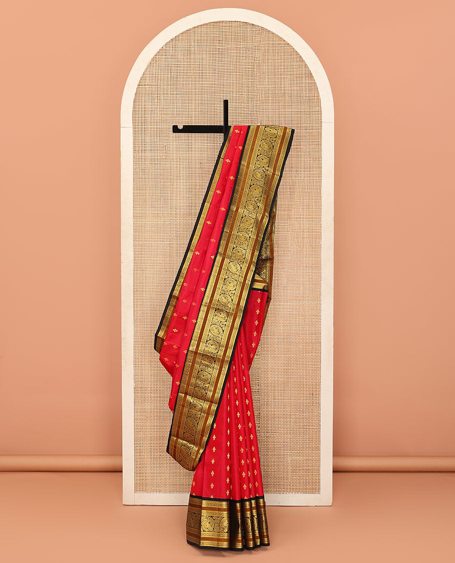 Red buttas Bangalore silk saree, contrast traditional zari border of peacocks, and pallu steeped with floral designs