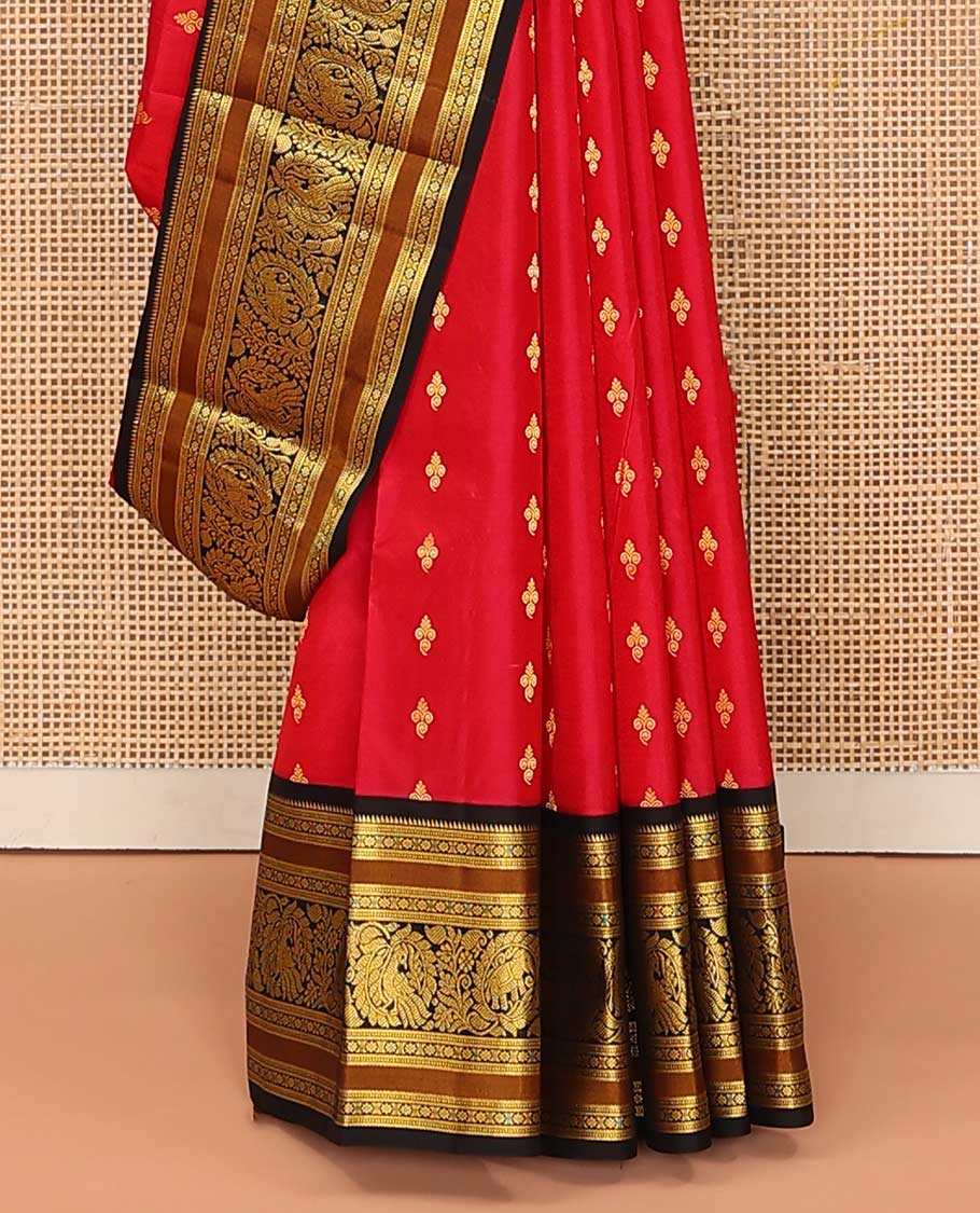 Red buttas Bangalore silk saree, contrast traditional zari border of peacocks, and pallu steeped with floral designs