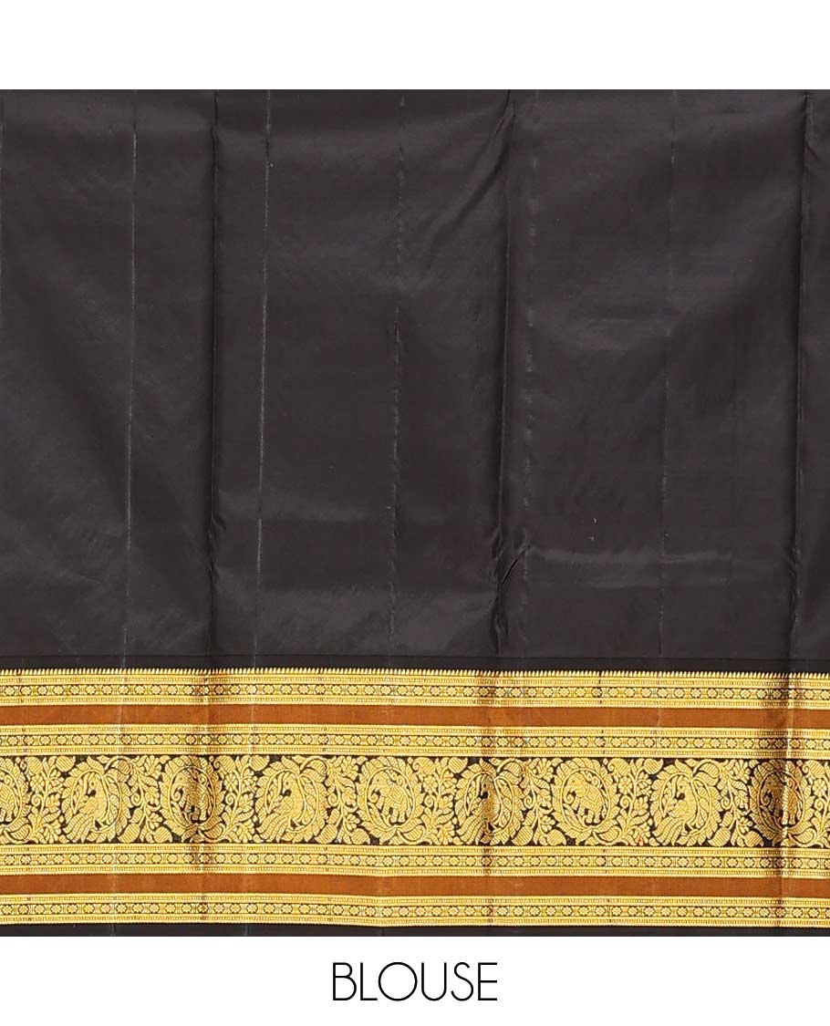 Red buttas Bangalore silk saree, contrast traditional zari border of peacocks, and pallu steeped with floral designs