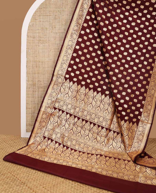 Maroon floral buttas semi banaras nylon saree with self intricate zari design border & floral design pallu