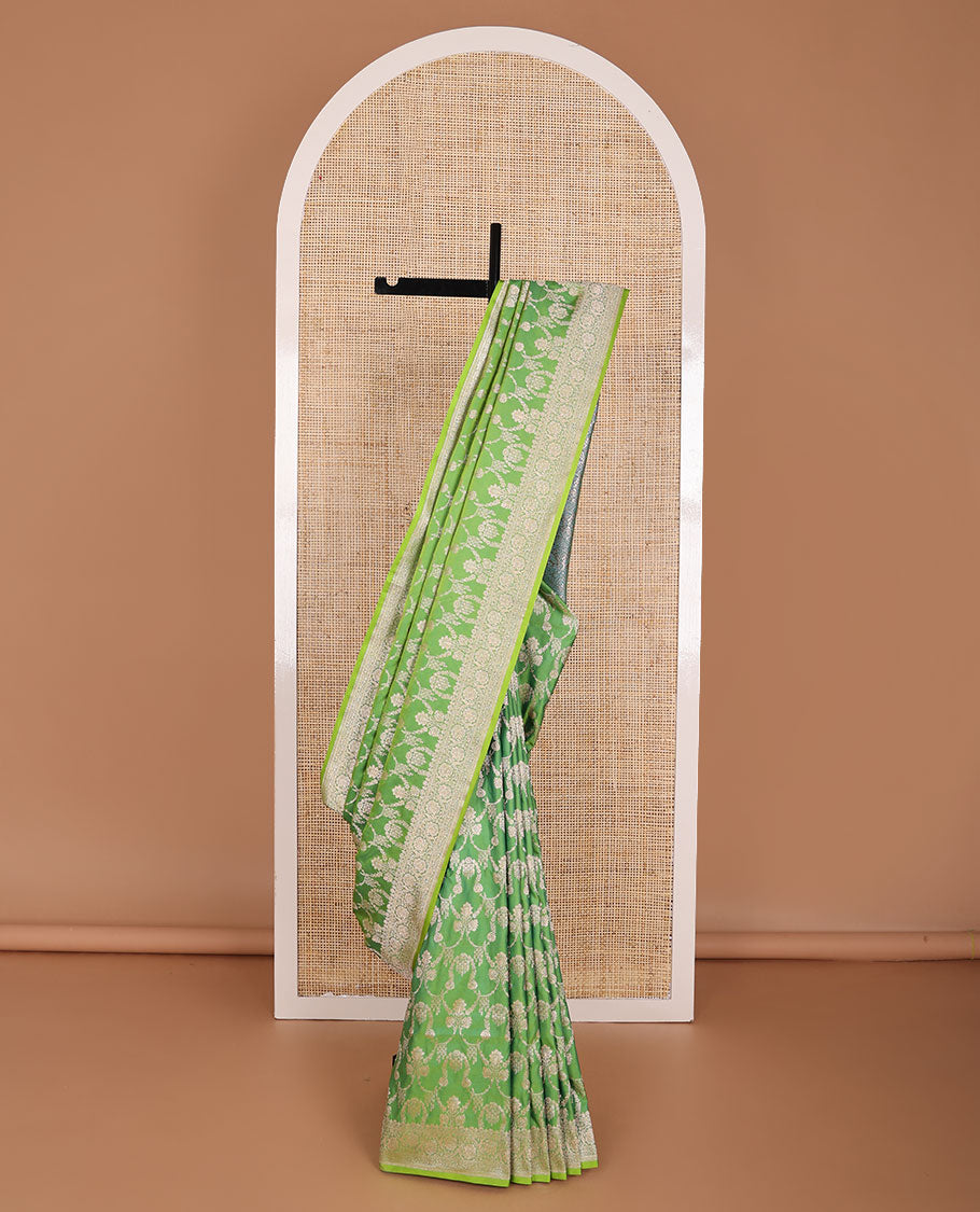 Green floral jaal design semi banaras satin saree with self zari design border & floral design pallu